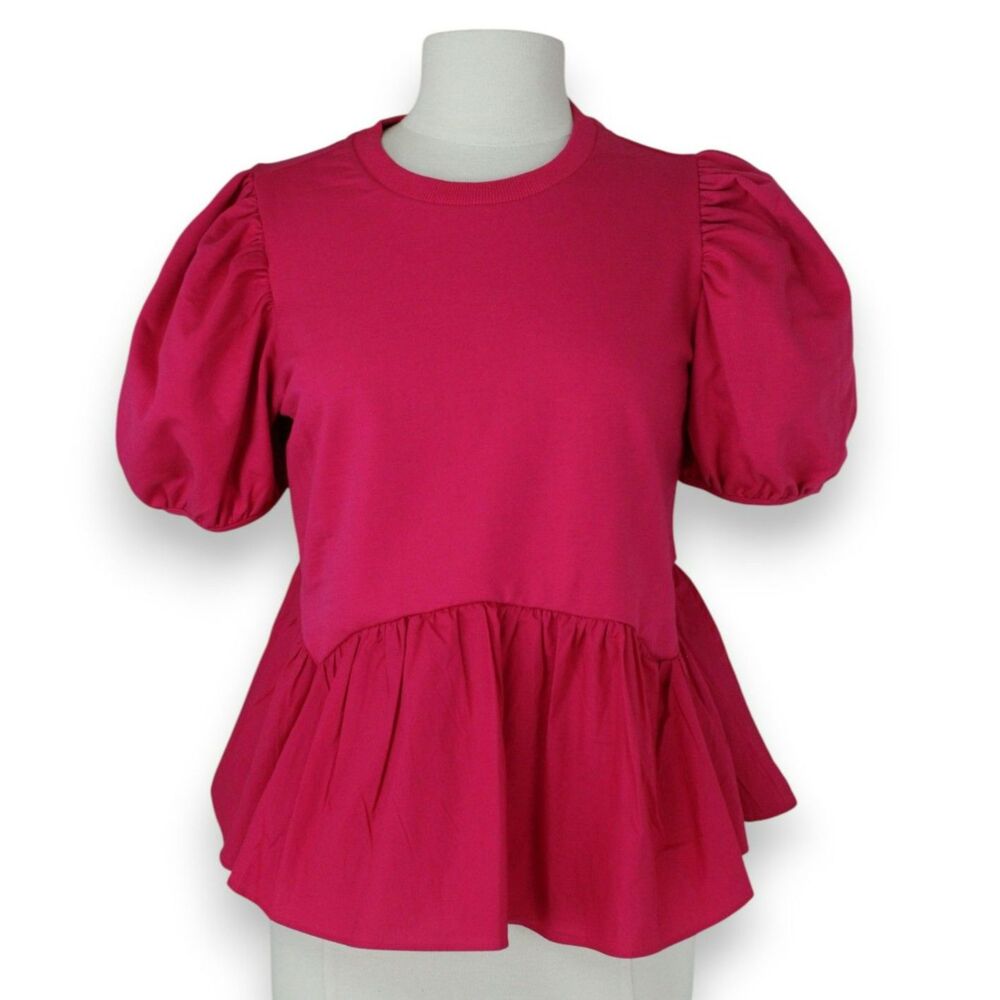 English Factory Hot Pink Puff Sleeve Peplum Top Barbiecore Statement Blouse M